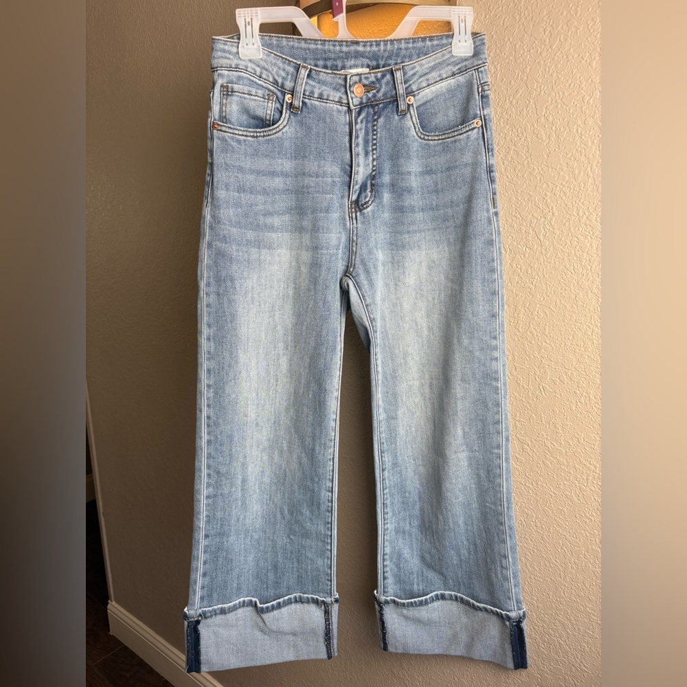 So Me Light Blue Wide-Leg Cuffed Jeans Size small